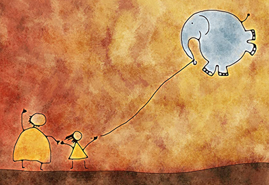 cartoon artwork of a child floating an elephant as if it were a balloon