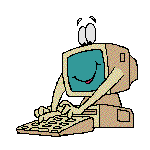 cartoon picture of an old PC with hands typing on itself. Silly grin on his face